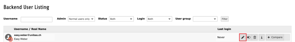 Backend User Listing