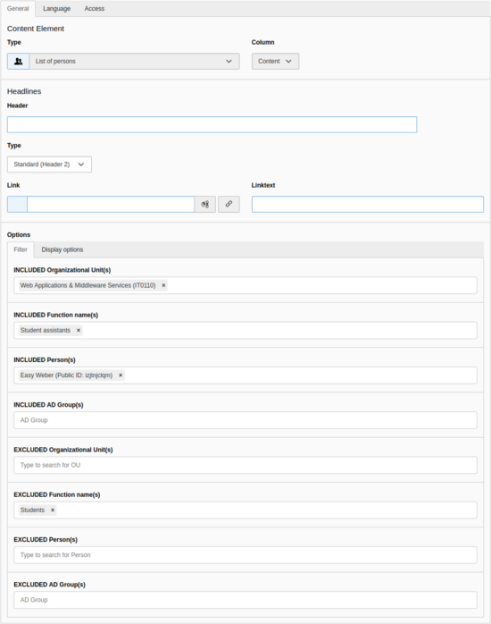 Configuration of the "List of persons
