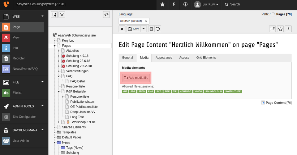Der add media file button im Text&Media Element