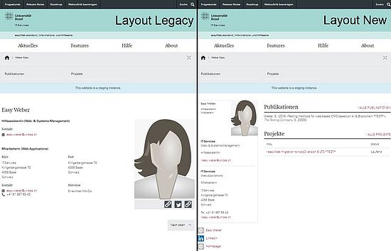 Layout comparison profile page Legacy (left) and New (right)