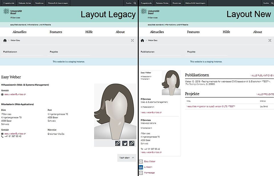 Layoutvergleich Profilseite Legacy (links) und New (rechts)