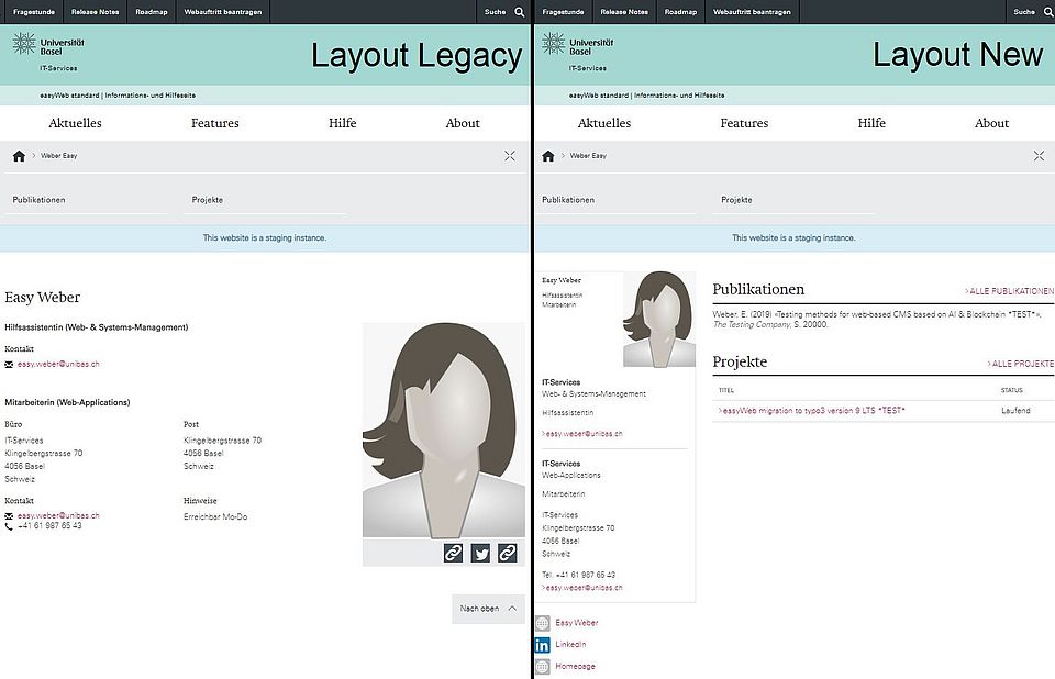 Layout comparison profile page Legacy (left) and New (right)