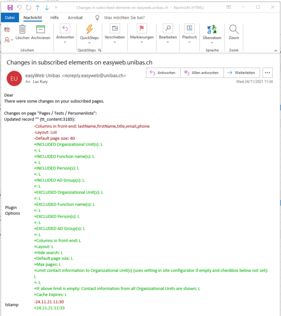 Email mit Änderungen (Grün für neue und Rot für entfernte Inhalte/Eigentschaften)