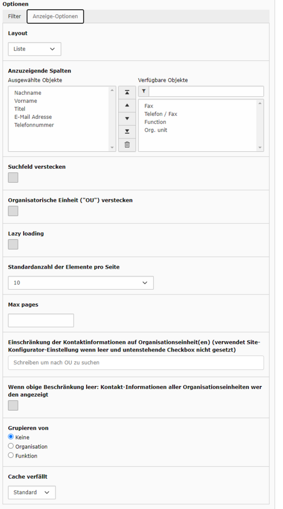 Display-Optionen für Personenlisten