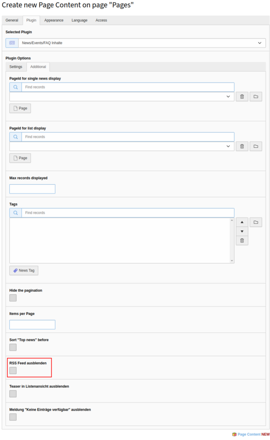 Anzeige vom RSS-Feed über das Plugin de-/aktivieren.