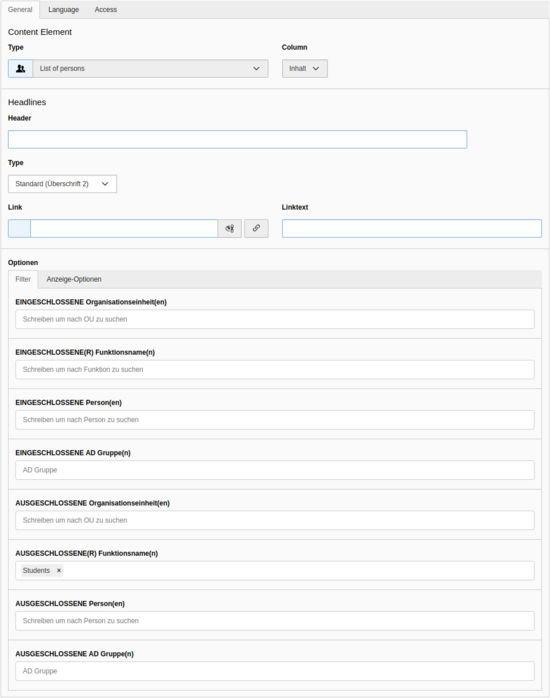 Personenmodul und Filterfelder Dialog