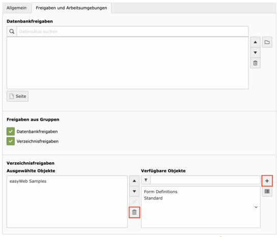 Assign or delete a file share by selection; alternatively: create a new file share with [+].