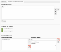 Assign or delete a file share by selection; alternatively: create a new file share with [+].