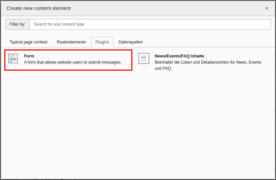 Neues Formular platzieren - Wizard