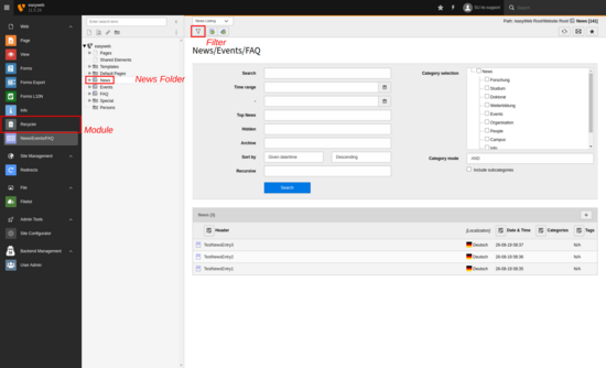 News module, select news folder and show or hide filters
