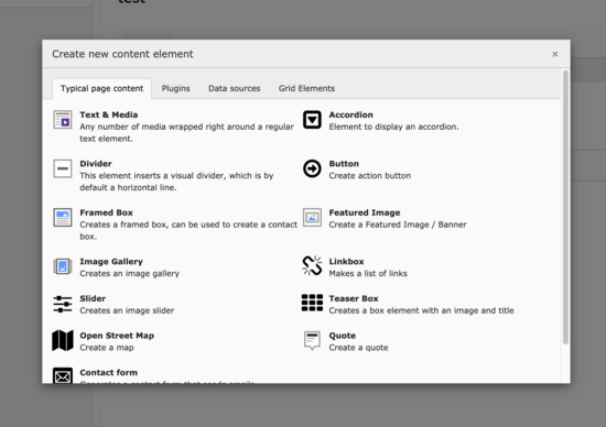 Modal: Create new content element