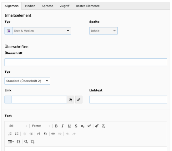 View General tab of Text &amp; Media content element.