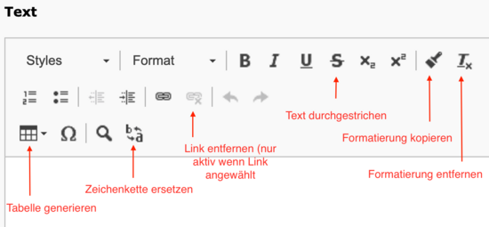Aktionen im neuen Rich Text Editor.