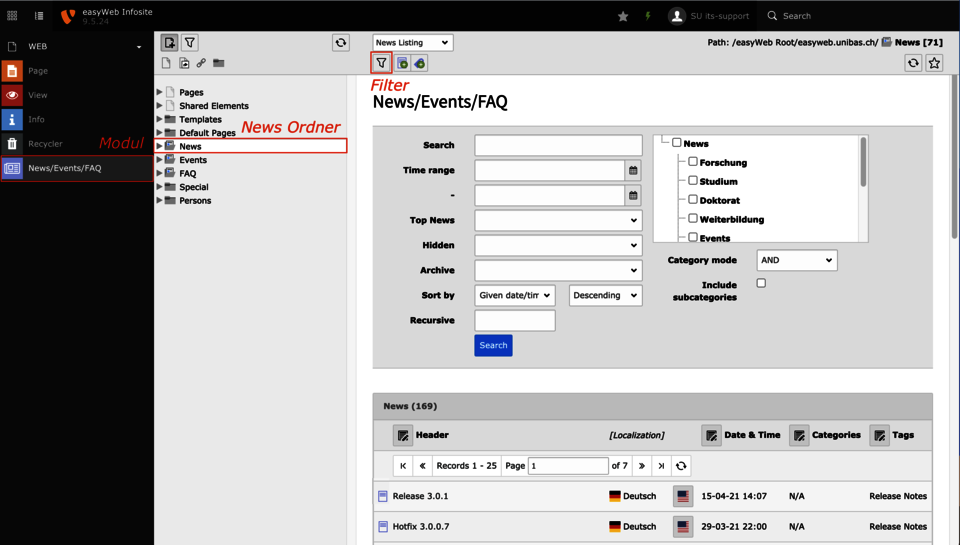 Modul News, News-Ordner wählen und Filter ein- oder ausblenden