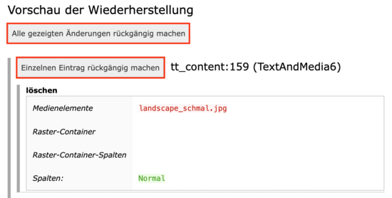 Vorschau bei einem Rollback